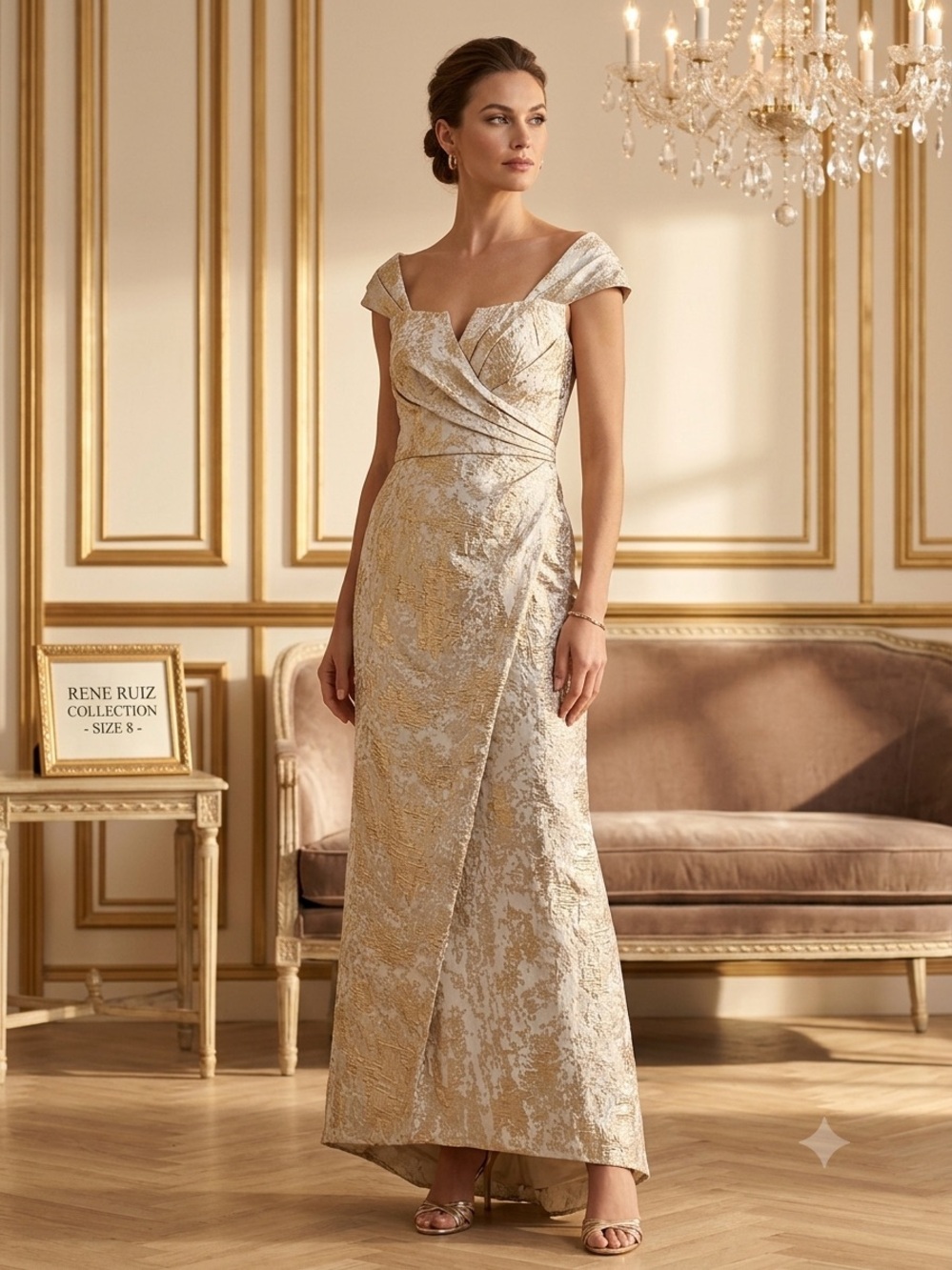 Rene Ruiz Collection Ivory Gold Floral Jacquard V-Neck Cap Sleeve Gown Size 8
